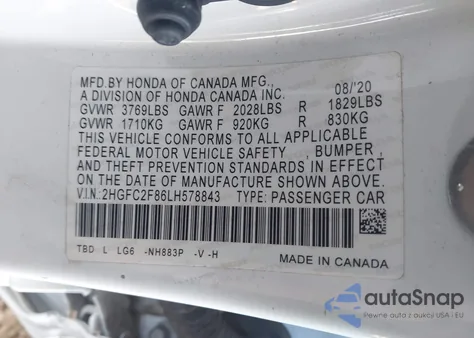 2020 Honda Civic Sport z USA, uszkodzony, nr VIN 2HGFC2F86LH578843